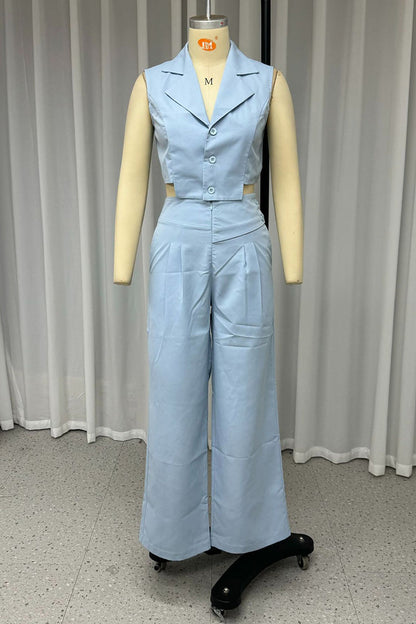 Conjunto informal de dos piezas con botones, cuello vuelto irregular, sin mangas, color sólido, para uso diario