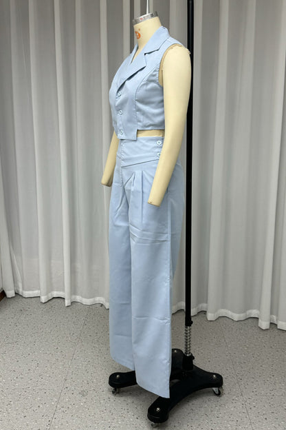 Conjunto informal de dos piezas con botones, cuello vuelto irregular, sin mangas, color sólido, para uso diario