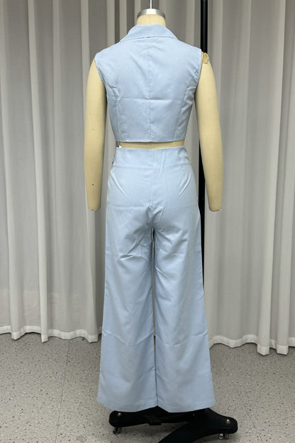 Conjunto informal de dos piezas con botones, cuello vuelto irregular, sin mangas, color sólido, para uso diario