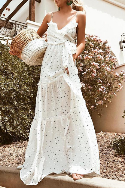 Vestidos sexis con cuello en V, volantes y patchwork de lunares