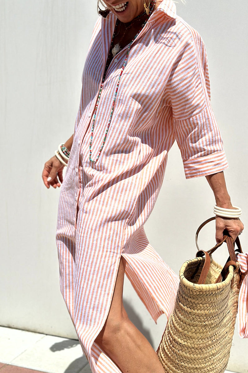 Vestido camisero informal con estampado de rayas a cuadros, botones y cinturón, cuello vuelto (5 colores)