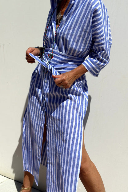 Vestido camisero informal con estampado de rayas a cuadros, botones y cinturón, cuello vuelto (5 colores)