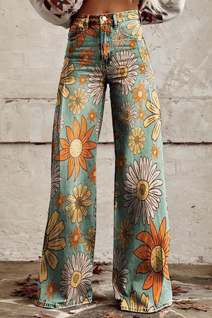 Casual Street Geometric Print Animal Print Flowers Buttons Contrast Loose High Waist Wide Leg Full Print Bottoms(10 Colors)