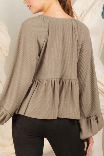 Blusa informal de cuello en V con botones y fruncido de color liso para uso diario (5 colores)