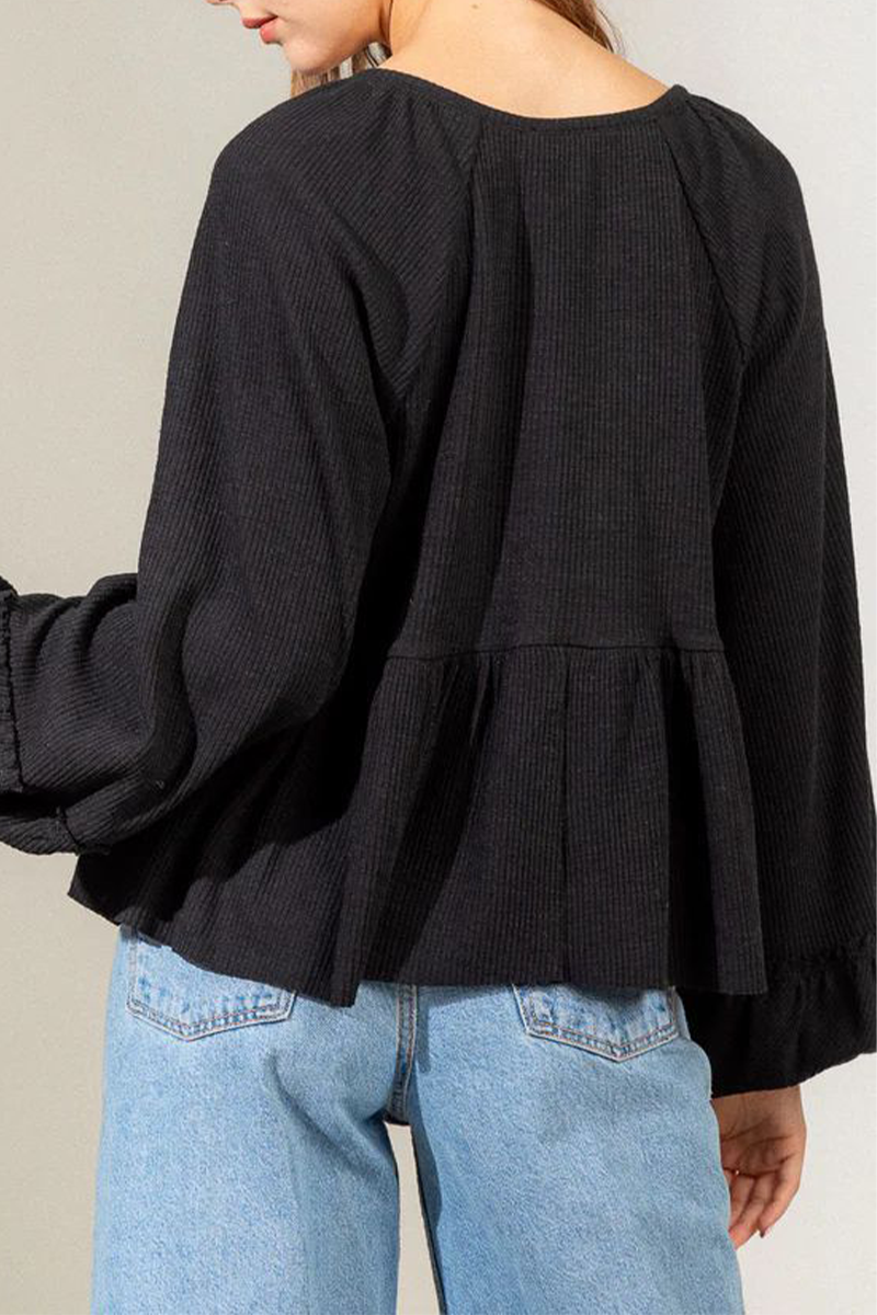 Blusa informal de cuello en V con botones y fruncido de color liso para uso diario (5 colores)