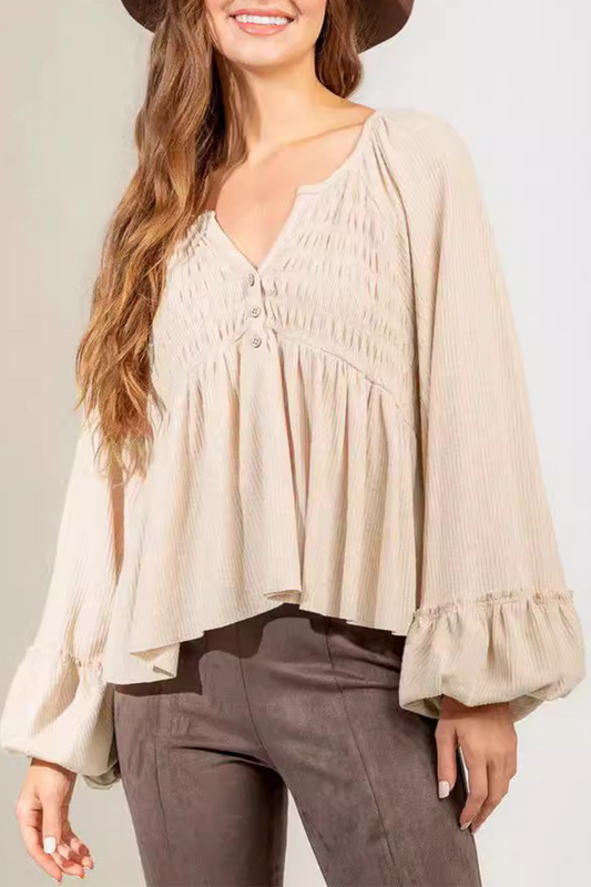 Blusa informal de cuello en V con botones y fruncido de color liso para uso diario (5 colores)