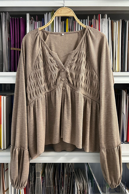 Blusa informal de cuello en V con botones y fruncido de color liso para uso diario (5 colores)