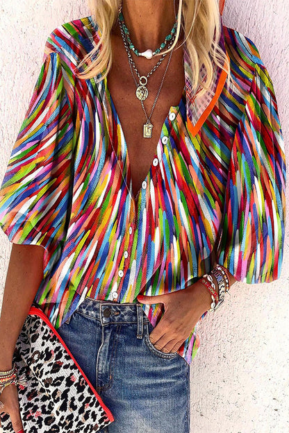 Casual Daily Striped Print Buttons Contrast V Neck Blouses(8 Colors)