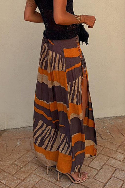 Pantalones casuales de vacaciones con estampado de rayas, con cordones, aberturas en contraste, cintura alta, holgados, tipo A, estampado completo