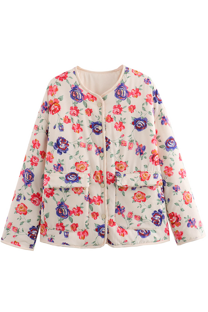 Chaqueta informal de cuello redondo con parches y bolsillos de flores