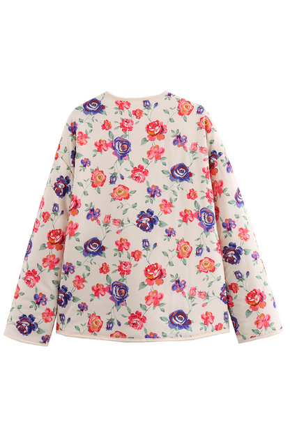 Chaqueta informal de cuello redondo con parches y bolsillos de flores