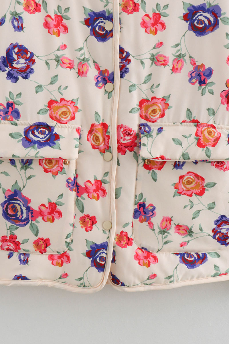 Chaqueta informal de cuello redondo con parches y bolsillos de flores