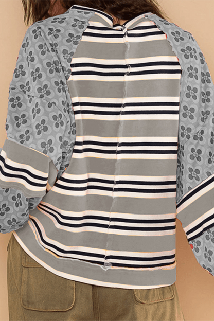 Sudadera informal con cuello redondo, estampado floral y rayas en contraste (6 colores)