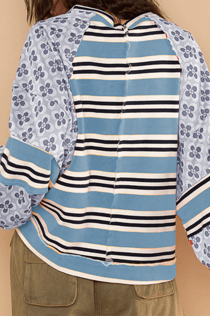 Sudadera informal con cuello redondo, estampado floral y rayas en contraste (6 colores)