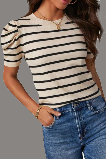 Casual Stripe Ruched Weave O Neck T-Shirts(5 Colors)