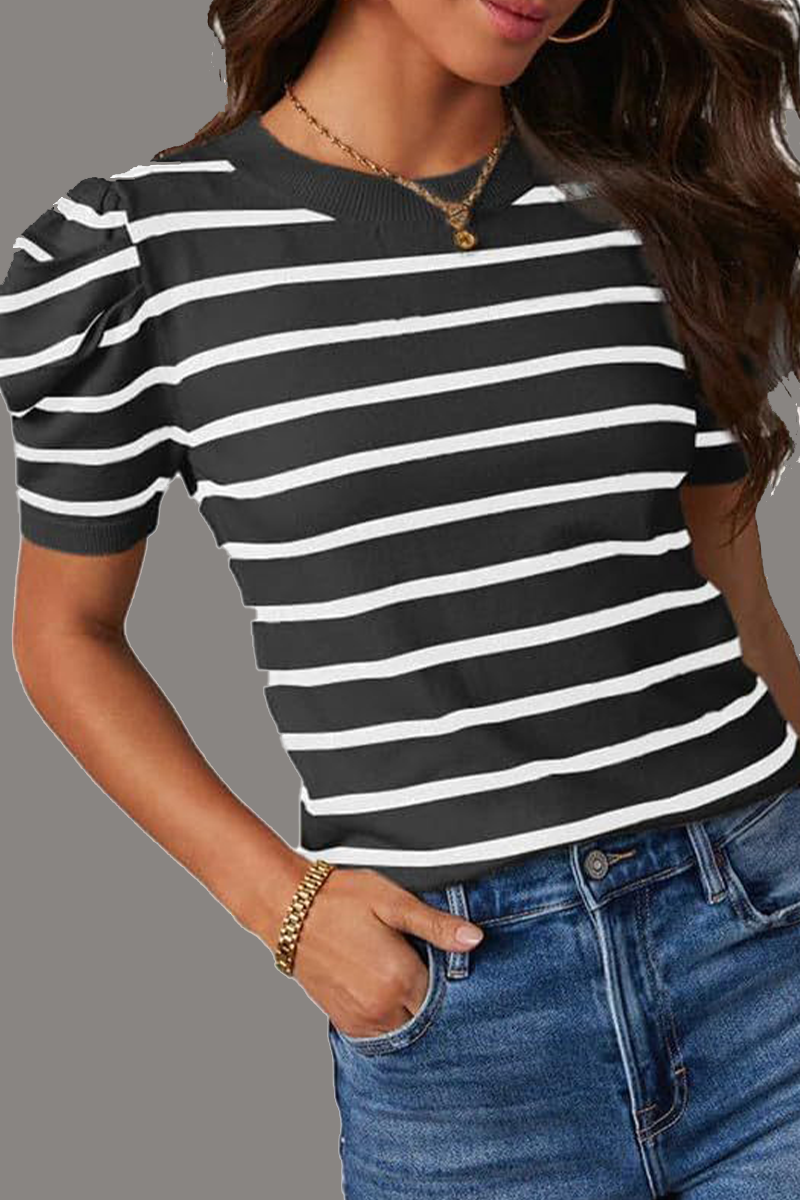Camisetas casuales de rayas con cuello redondo y tejido fruncido (5 colores)