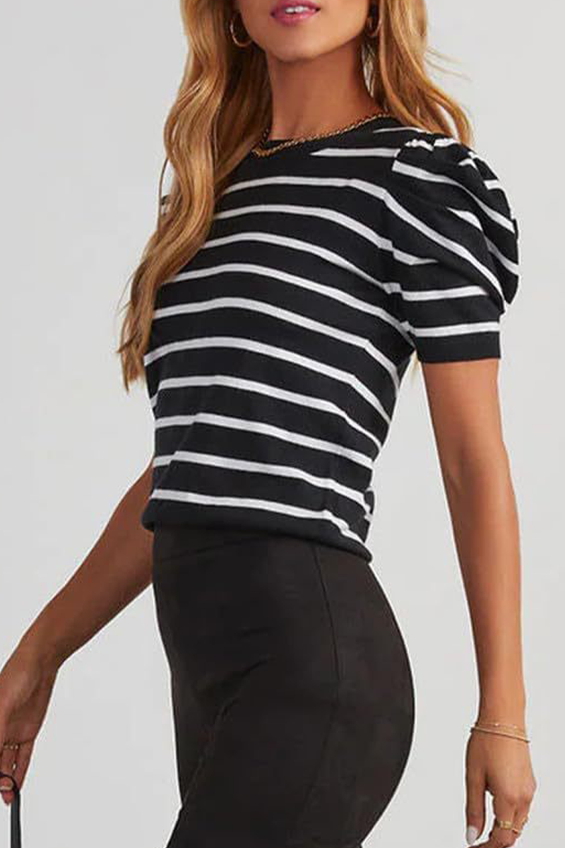 Camisetas casuales de rayas con cuello redondo y tejido fruncido (5 colores)