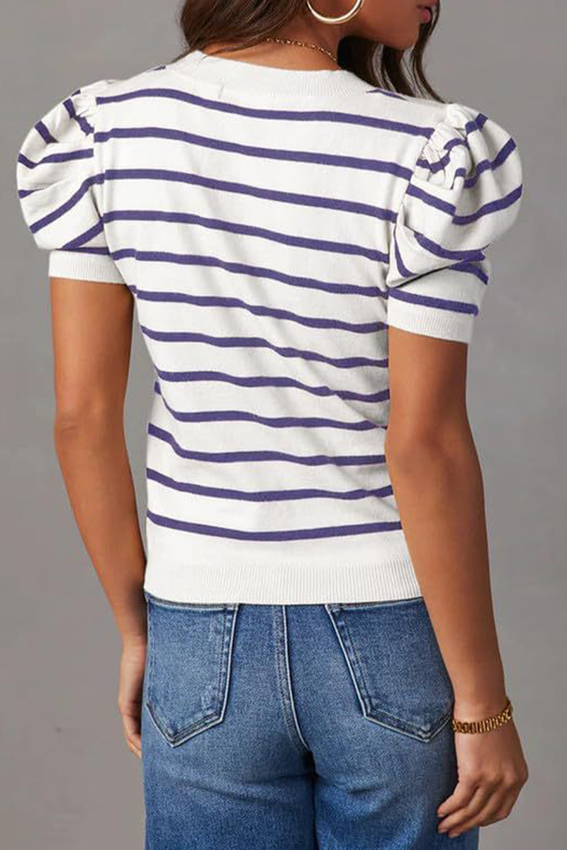 Camisetas casuales de rayas con cuello redondo y tejido fruncido (5 colores)