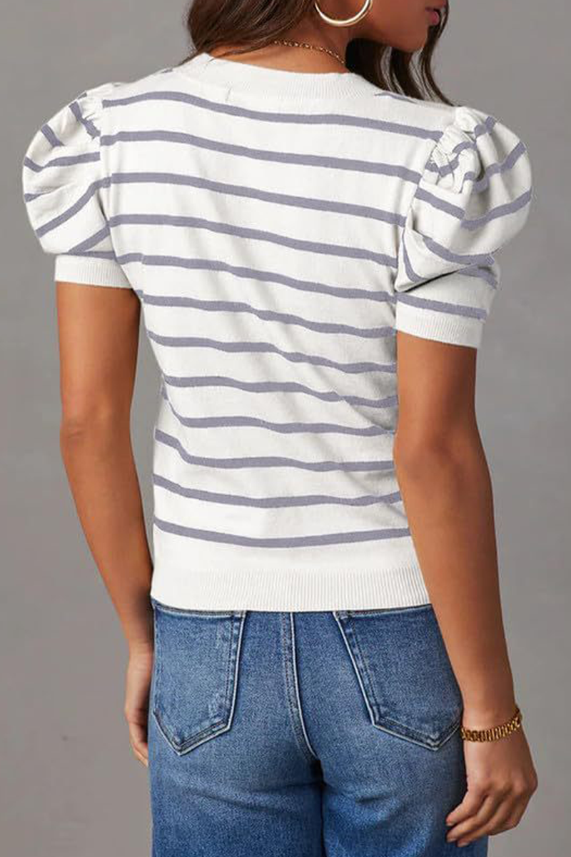 Camisetas casuales de rayas con cuello redondo y tejido fruncido (5 colores)
