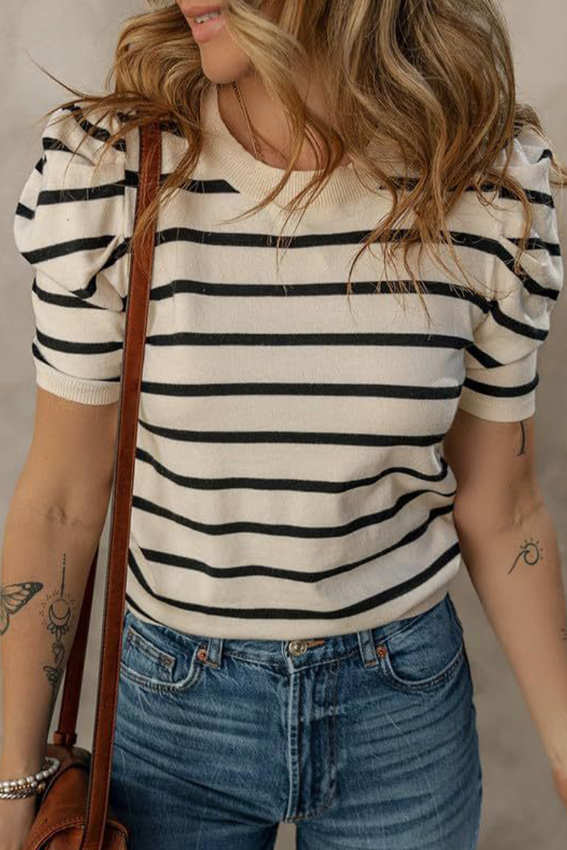 Camisetas casuales de rayas con cuello redondo y tejido fruncido (5 colores)