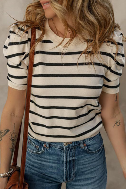 Camisetas casuales de rayas con cuello redondo y tejido fruncido (5 colores)
