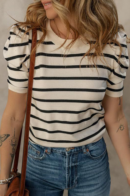 Camisetas casuales de rayas con cuello redondo y tejido fruncido (5 colores)