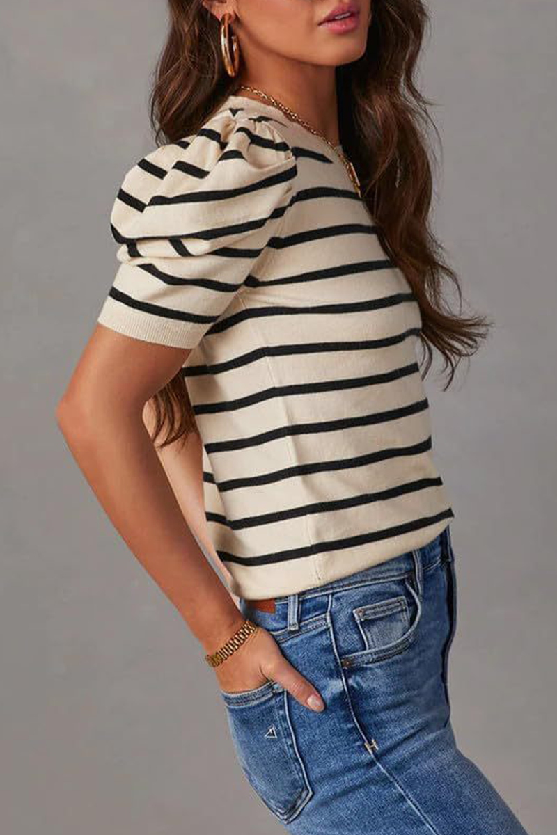 Camisetas casuales de rayas con cuello redondo y tejido fruncido (5 colores)