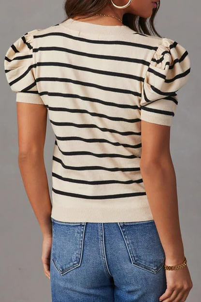 Camisetas casuales de rayas con cuello redondo y tejido fruncido (5 colores)