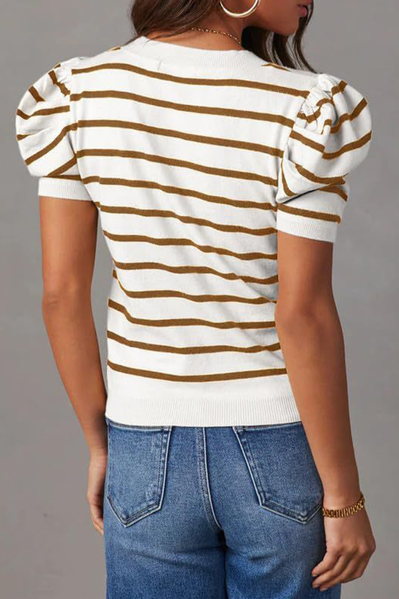 Camisetas casuales de rayas con cuello redondo y tejido fruncido (5 colores)