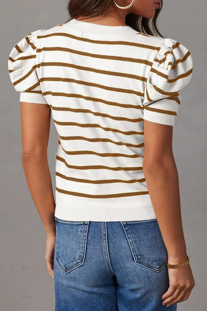 Camisetas casuales de rayas con cuello redondo y tejido fruncido (5 colores)