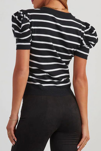 Camisetas casuales de rayas con cuello redondo y tejido fruncido (5 colores)