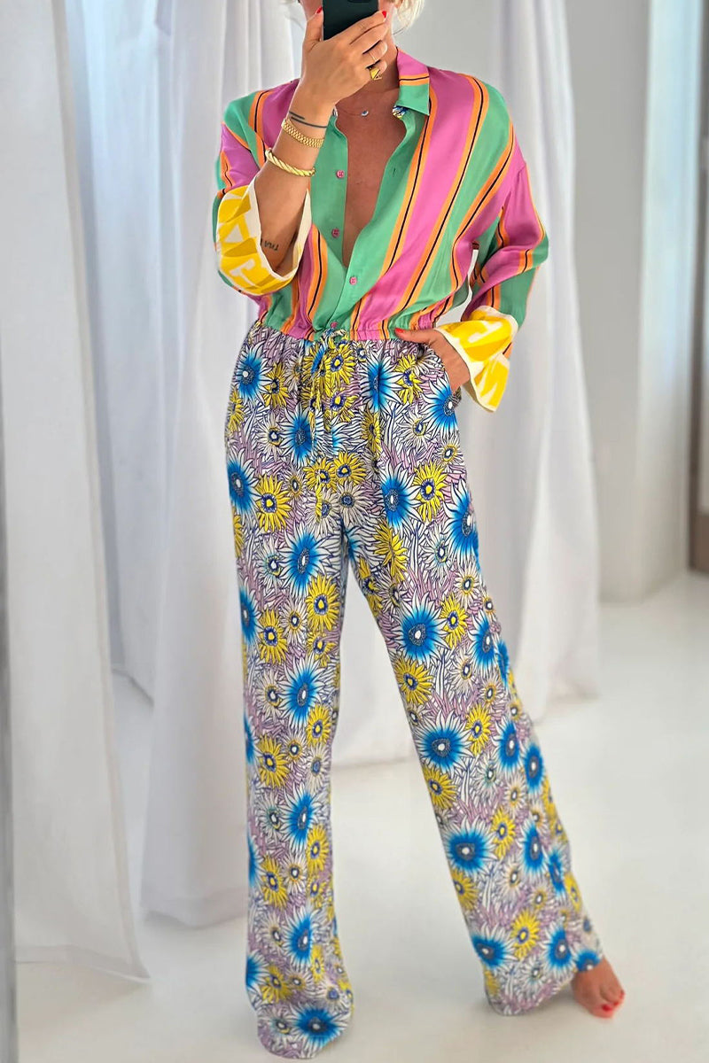 Mono informal de calle con estampado de rayas, flores, bolsillos, cordones, botones, cuello vuelto, holgado