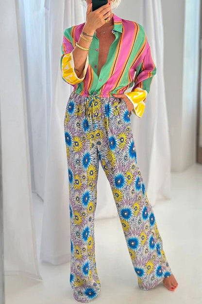 Casual Street Striped Print Flowers Pocket Lace Up Buttons Turndown Collar Loose Jumpsuits