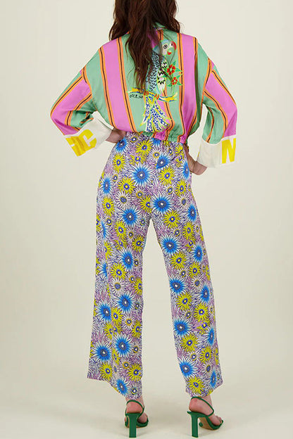 Mono informal de calle con estampado de rayas, flores, bolsillos, cordones, botones, cuello vuelto, holgado