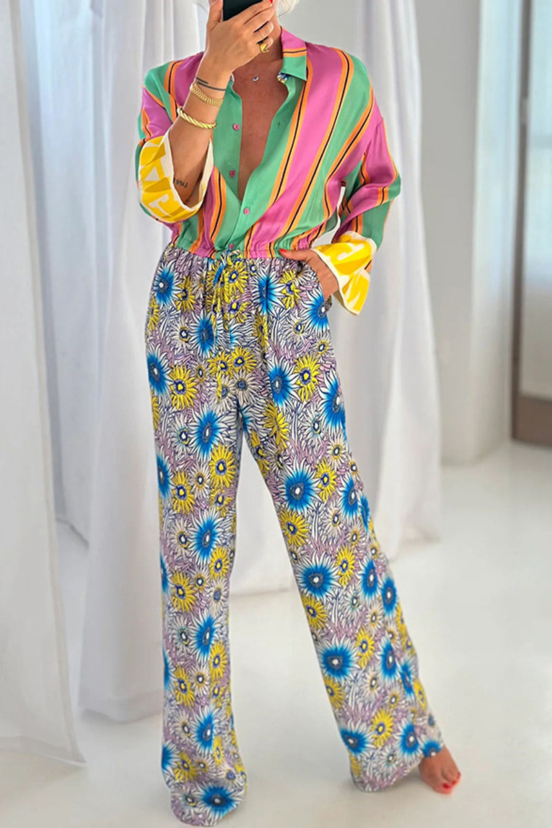 Mono informal de calle con estampado de rayas, flores, bolsillos, cordones, botones, cuello vuelto, holgado