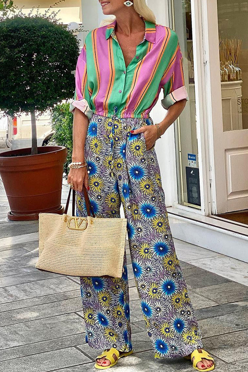 Mono informal de calle con estampado de rayas, flores, bolsillos, cordones, botones, cuello vuelto, holgado