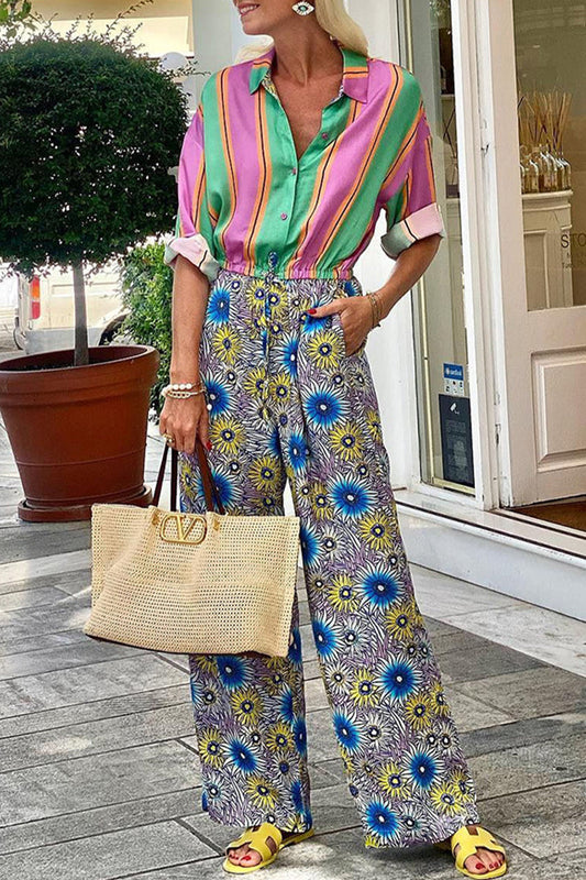 Mono informal de calle con estampado de rayas, flores, bolsillos, cordones, botones, cuello vuelto, holgado