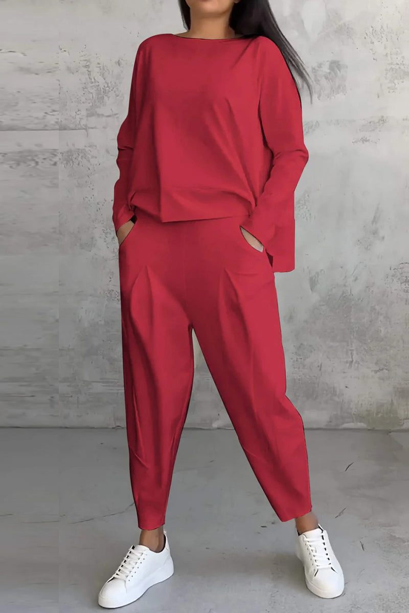 Conjunto informal de dos piezas con cuello redondo, manga larga y bolsillos en color liso (9 colores)