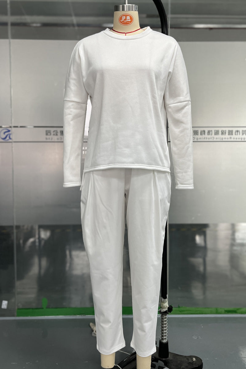 Conjunto informal de dos piezas con cuello redondo, manga larga y bolsillos en color liso (9 colores)