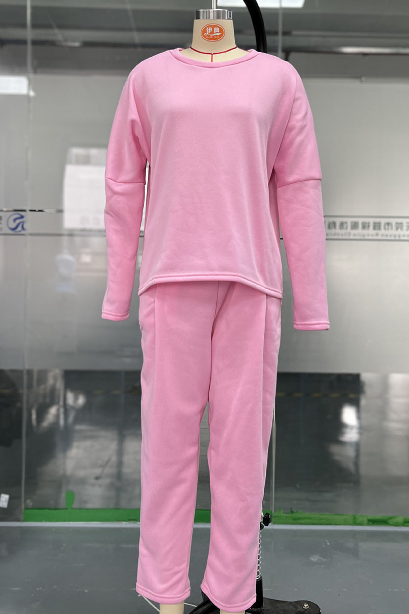 Conjunto informal de dos piezas con cuello redondo, manga larga y bolsillos en color liso (9 colores)
