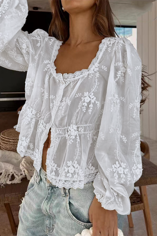 Sexy Daily Embroidered Buttons See-Through U Neck Blouses
