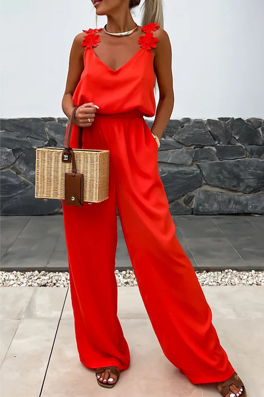 Mono holgado informal de uso diario con cuello en V, diseño de flores y bolsillos de color liso (3 colores)