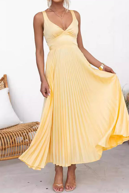 Vestidos sexis sin mangas con escote en V plisado en color sólido