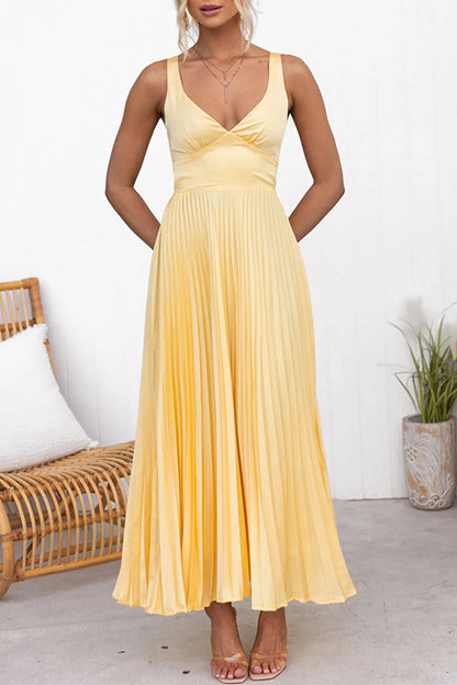 Vestidos sexis sin mangas con escote en V plisado en color sólido