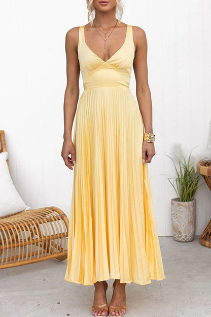 Vestidos sexis sin mangas con escote en V plisado en color sólido