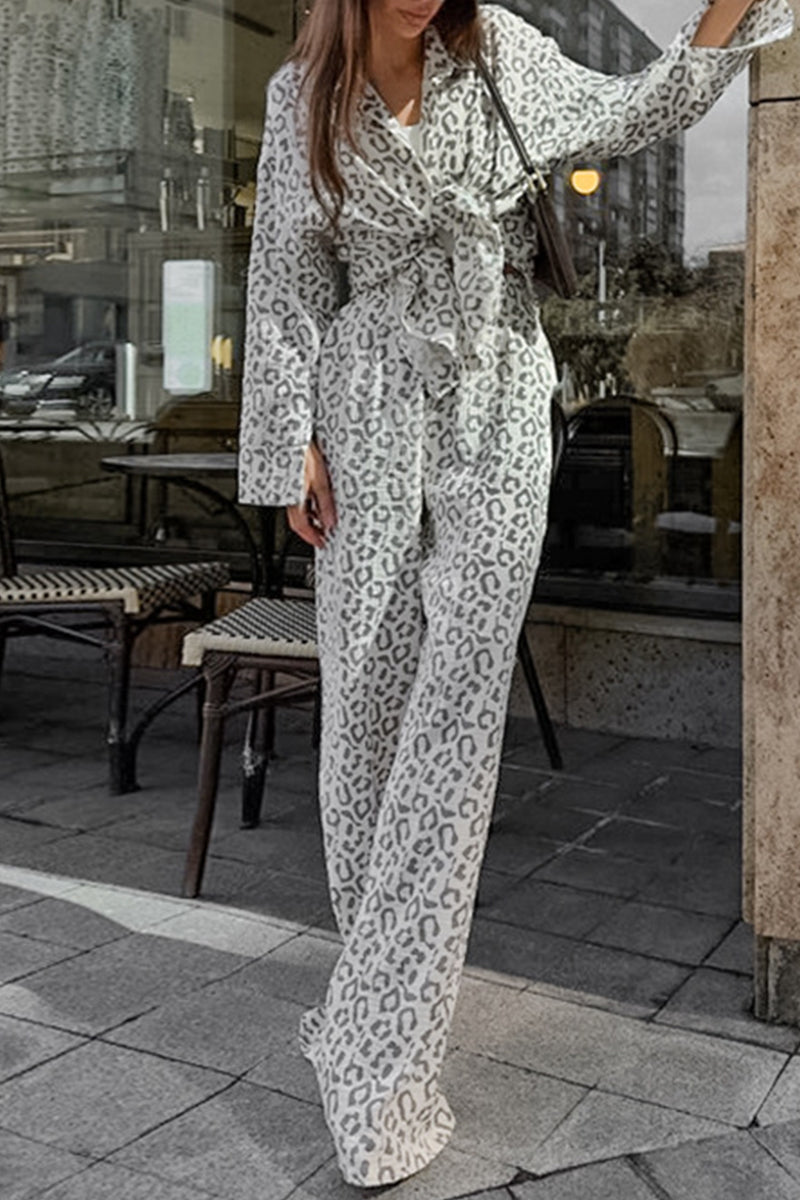 Conjunto informal de dos piezas con cuello vuelto, manga larga y estampado de leopardo estilo patchwork para la calle
