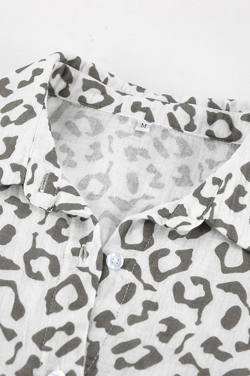 Conjunto informal de dos piezas con cuello vuelto, manga larga y estampado de leopardo estilo patchwork para la calle