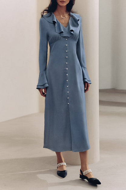 Vestidos elegantes de celebridades con botones de color sólido, volantes, cuello en V, línea A