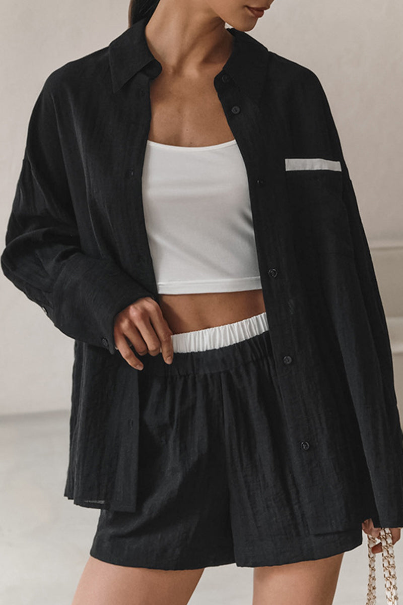 Conjunto informal de dos piezas con cuello vuelto, manga larga y patchwork en color liso para calle