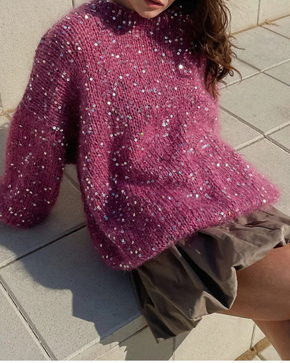 Suéteres casuales de cuello redondo con lentejuelas de color sólido (3 colores)